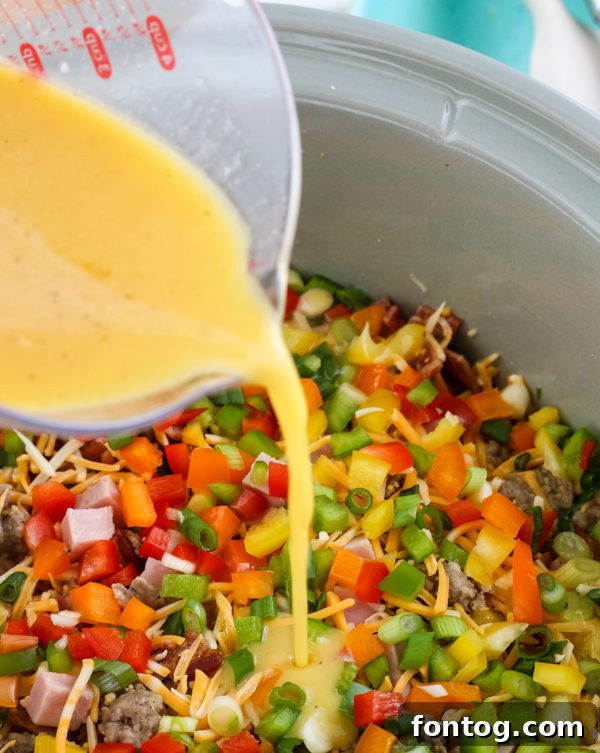 Close-up view of a cooked Crockpot breakfast casserole