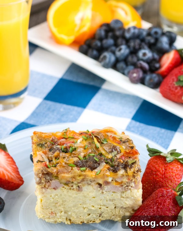 A slice of Ninja Foodi overnight breakfast casserole on a plate