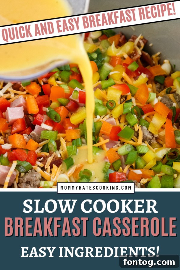 Large image of a perfectly cooked crockpot breakfast casserole, ready for serving