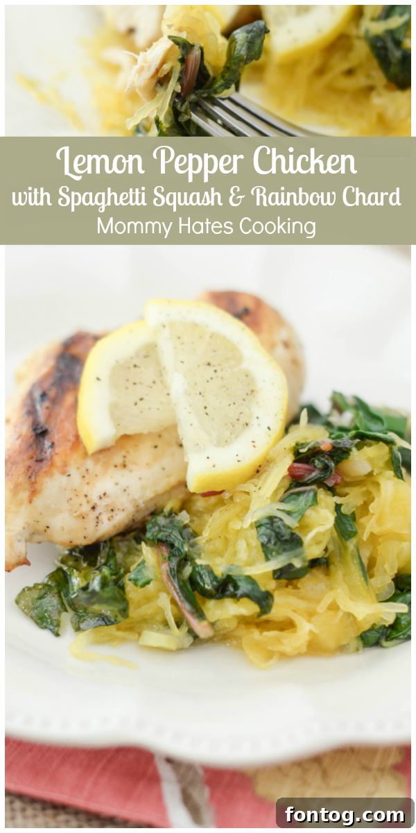 Lemon Pepper Chicken with Spaghetti Squash and Rainbow Chard, a healthy and vibrant low-carb dinner idea.