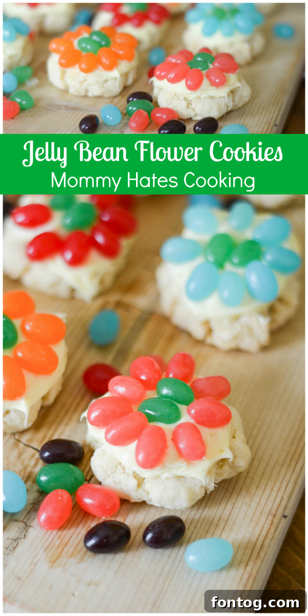 Vibrant Jelly Bean Flower Cookies arranged like a spring bouquet on a baking sheet, perfect for spring baking projects and family fun.