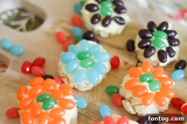 Close-up of freshly baked Jelly Bean Flower Cookies, showcasing their vibrant colors and playful design, ideal for spring treats.