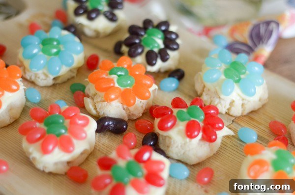 A tray of decorated Jelly Bean Flower Cookies, freshly made and ready to be enjoyed, exemplifying easy spring dessert ideas.