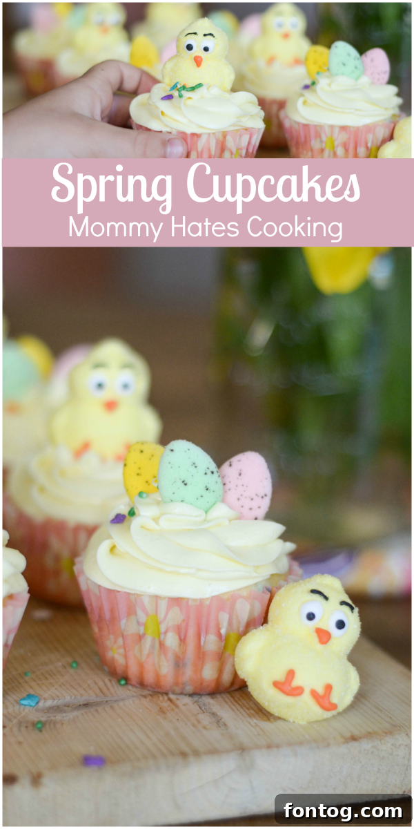 Fresh Bloom Cupcakes 2 Bright and colorful Spring Cupcakes, decorated with festive sprinkles and spring themes, symbolizing family baking fun.