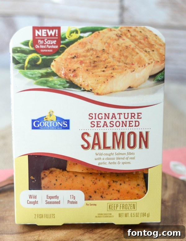 Package of Gorton's Signature Seasoned Salmon Gourmet Fillets ready for cooking