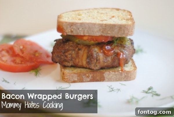 Bacon Bliss: 10 Irresistible Recipes 3 A close-up of a juicy grilled bacon burger with melted cheese, lettuce, and tomato, ready to be served.