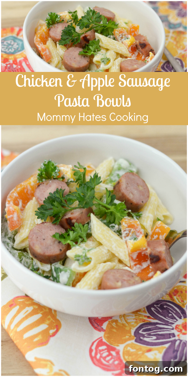 Delicious Gluten-Free Chicken & Apple Sausage Pasta Bowls with fresh bell peppers and creamy sauce