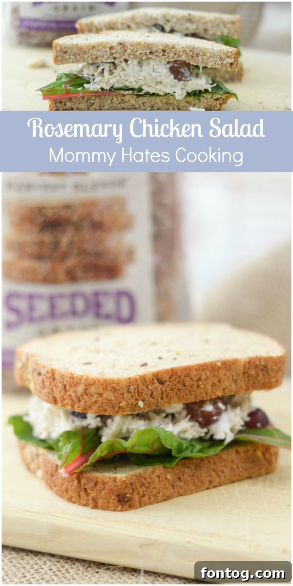 Delicious Rosemary Chicken Salad on Pepperidge Farm Harvest Blends bread, garnished with fresh rosemary.