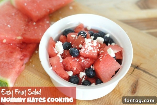 Close-up of a refreshing and colorful fruit salad, ideal for summer picnics.