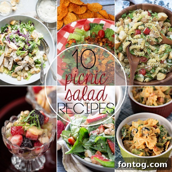 Beautiful collection of various picnic salads laid out, inviting viewers to summer dining.