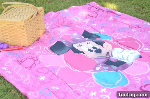 Close-up of Minnie Mouse bedding used as a picnic blanket outdoors, featuring a little girl's hands and snacks. #MinnieMeMoments #MinnieMouseBedding