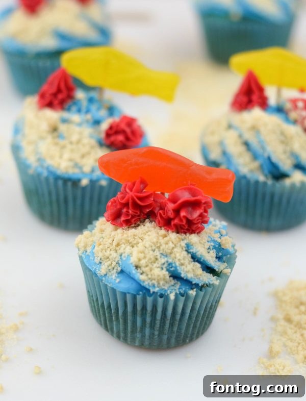 Ocean Friends Cupcakes - Overhead shot of several finished cupcakes ready for a party