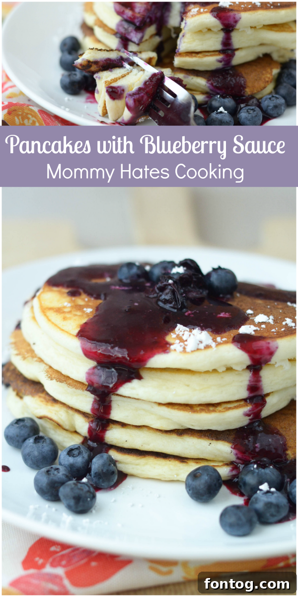Hero image of buttermilk pancakes with blueberry sauce