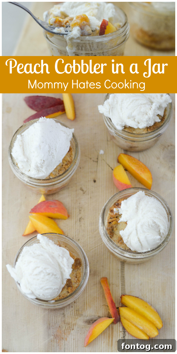 Peach Cobbler in a Jar with fresh peaches and ice cream