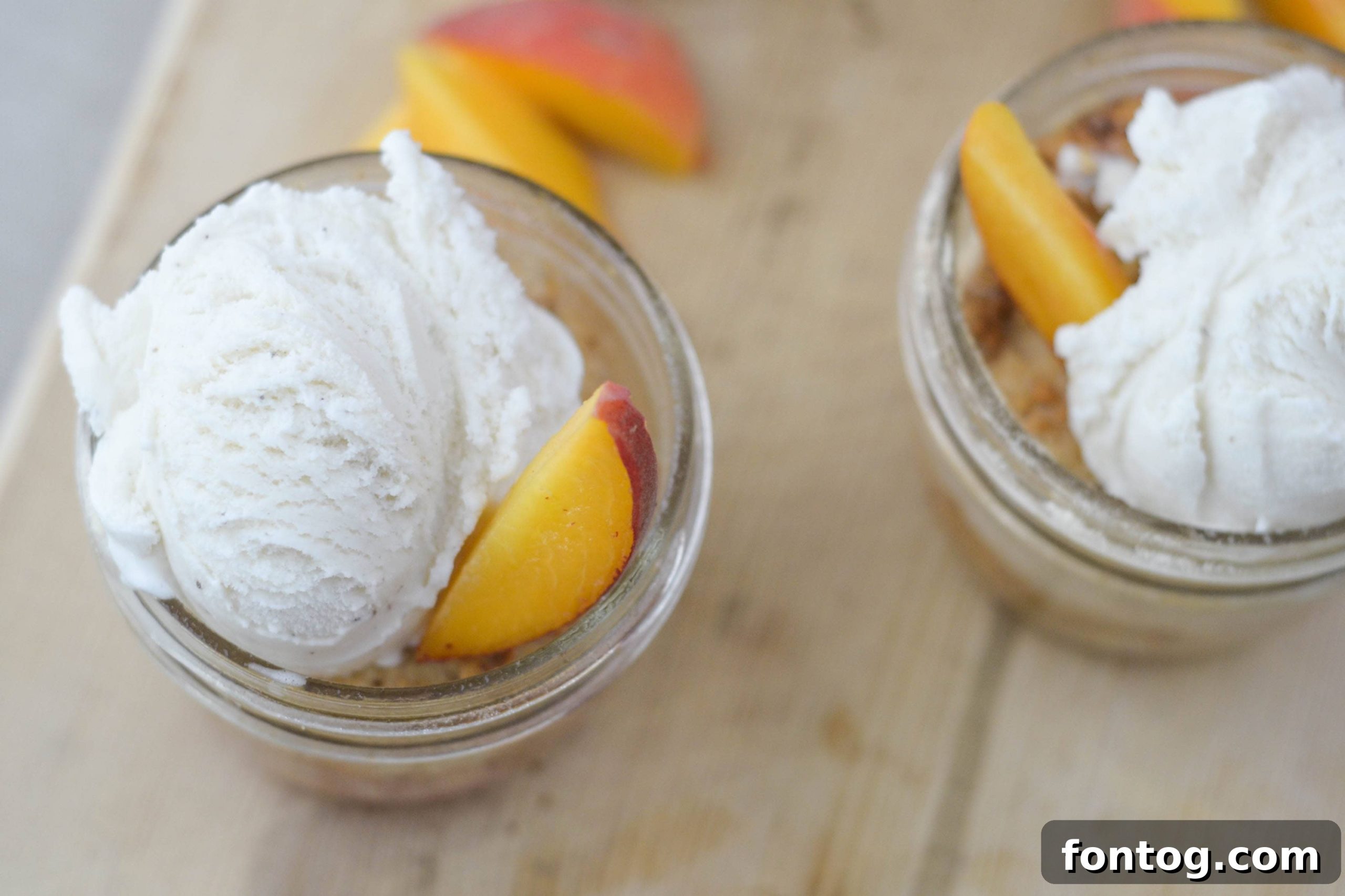 Peach Cobbler in a Jar with ice cream