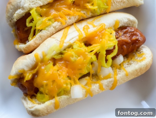 Grilled sausage links with various toppings