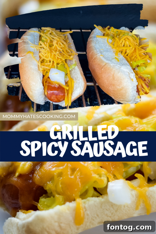 Grilled sausage links with vibrant toppings in a bun