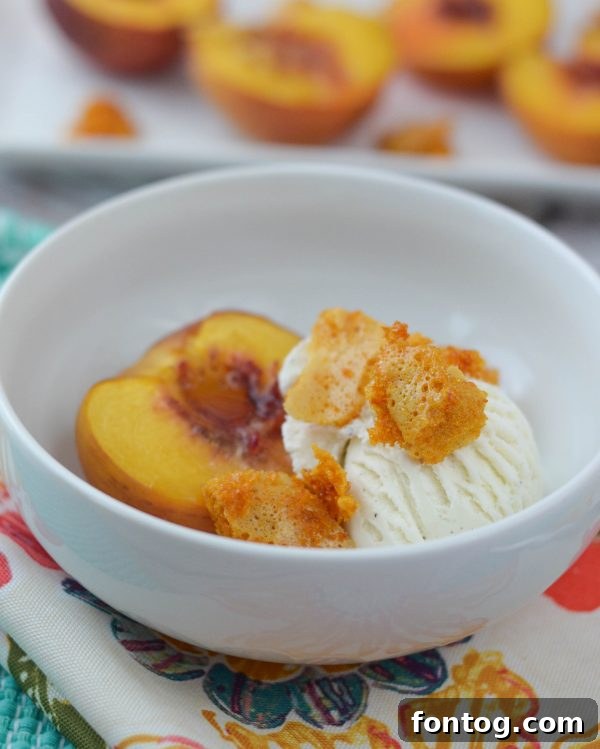 Detailed shot of Roasted White Peaches and Honeycomb