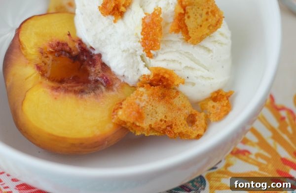 Close-up of the delicious Honeycomb and Vanilla Ice Cream with Roasted Peaches
