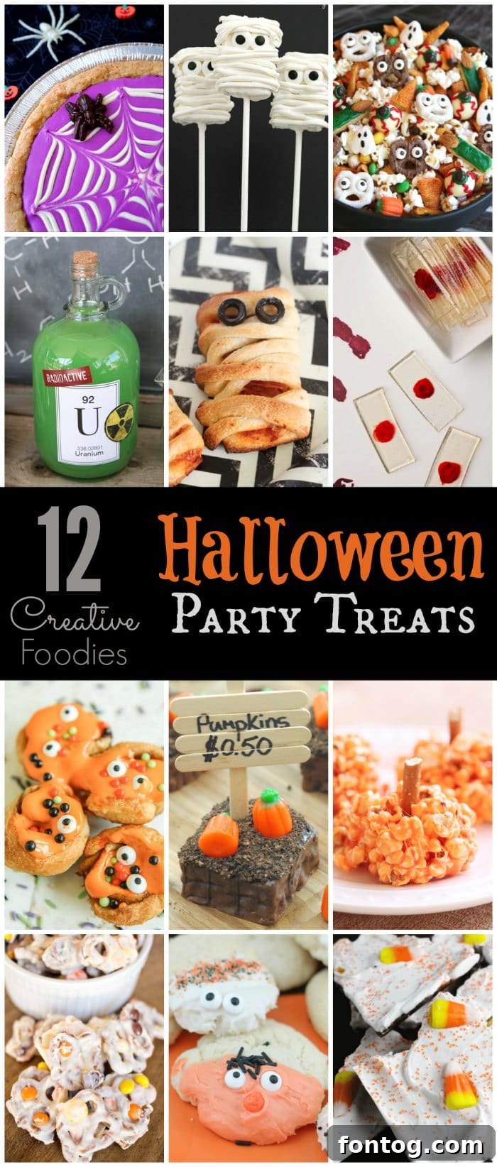 A collage of various Halloween party treats, including Mini Monster Rolls, Pumpkin Patch Brownies, and Spooky Sugar Cookies.