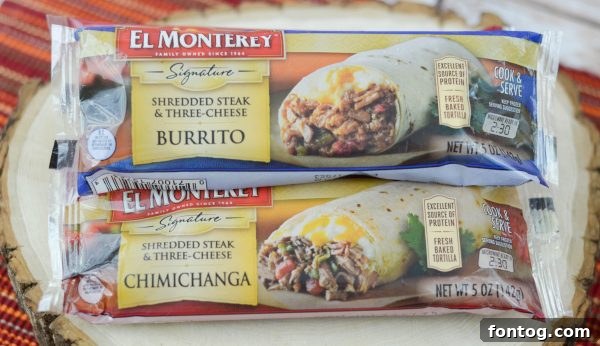 Close-up of golden brown El Monterey Chimichangas, a quick and satisfying meal solution
