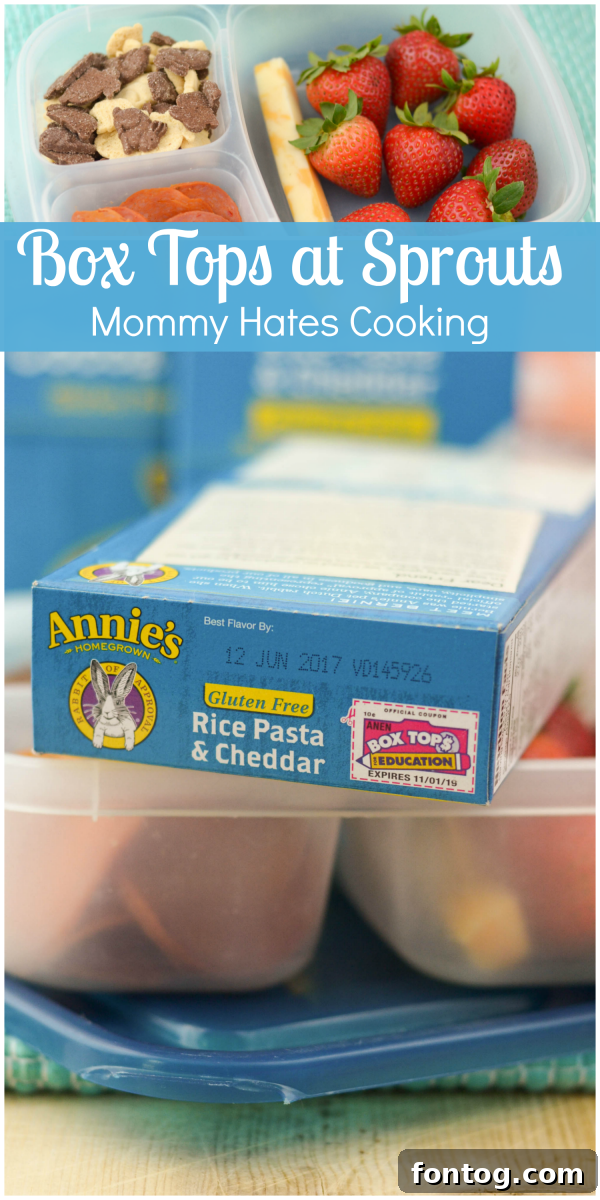 A vibrant collage of Back to School essentials and Box Tops products available at Sprouts Farmers Market, featuring fresh produce and pantry staples. The image emphasizes making a positive impact on school fundraising efforts.