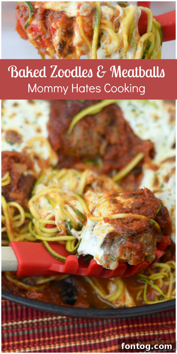 Baked Zoodles & Meatballs, a perfect low-carb dinner idea.