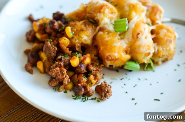 Close-up of a serving of Tater Tot Taco Casserole