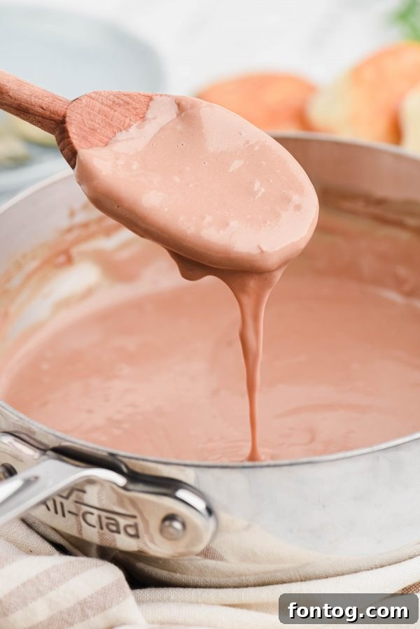A close-up of creamy chocolate gravy with a spoon, showing its smooth texture.