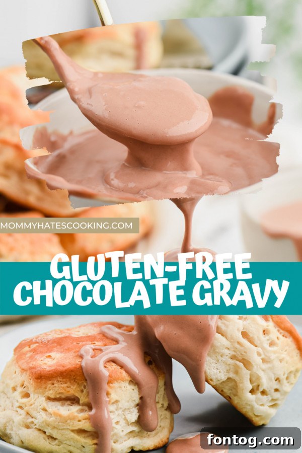 A vibrant Pinterest graphic for chocolate gravy, featuring a bowl of the gravy and biscuits.