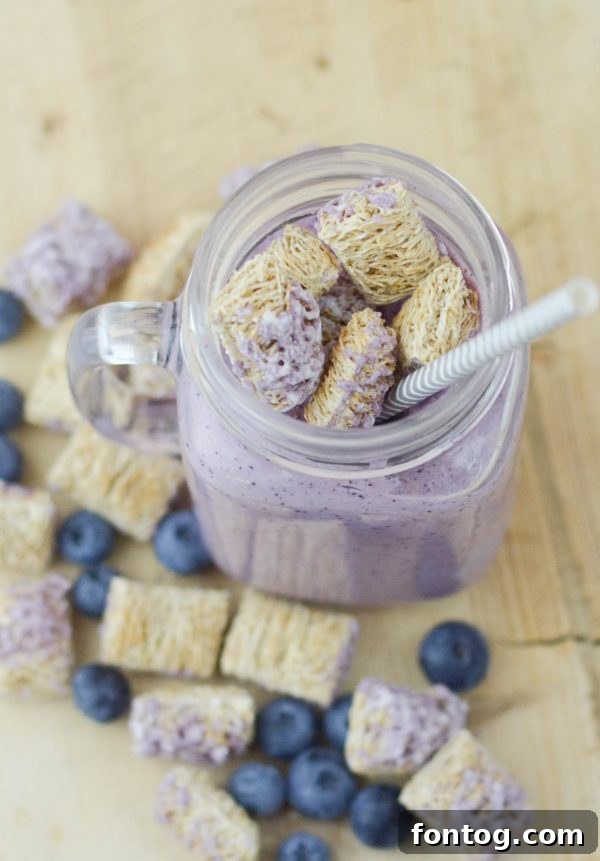 Close-up of a thick and creamy Blueberry Wheat-fuls Smoothie