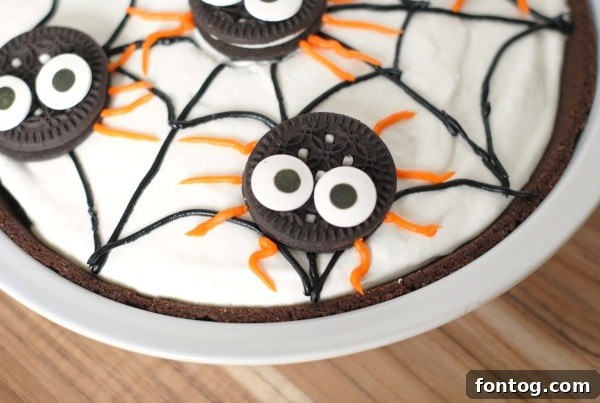 Chocolate pudding pie with a spiderweb design and plastic spider