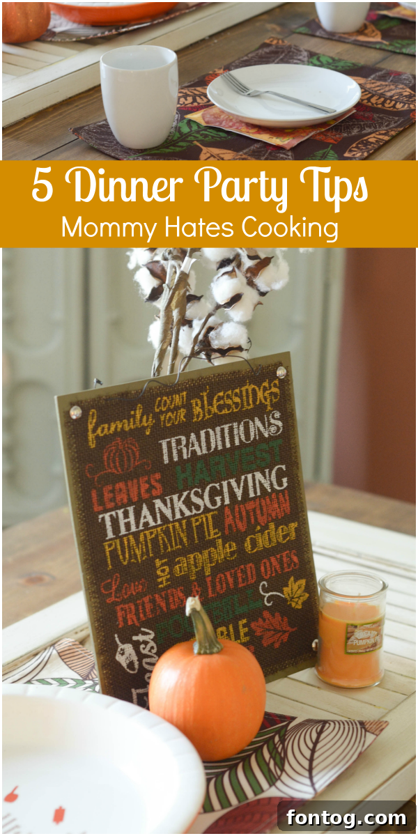5 Essential Dinner Party Hacks 2 Festive dinner party table setup with '5 Dinner Party Tips' overlay, featuring autumn decor and plates from Dollar General.