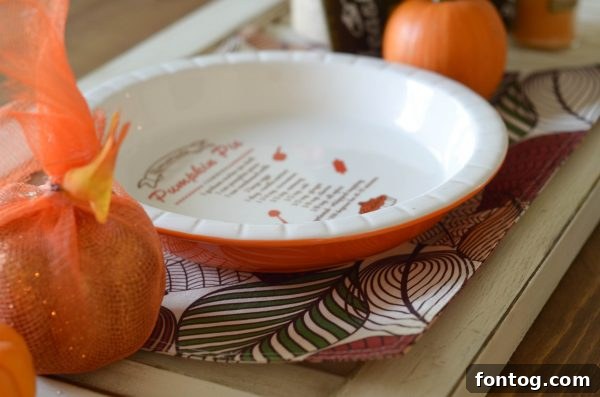 5 Essential Dinner Party Hacks 4 A unique ceramic pie plate with a pumpkin pie recipe printed inside, found at Dollar General.