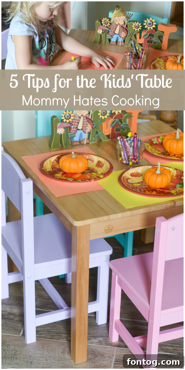 A beautifully set Thanksgiving kids' table with a KidKraft Farmhouse Table, featuring fall decor and activities.