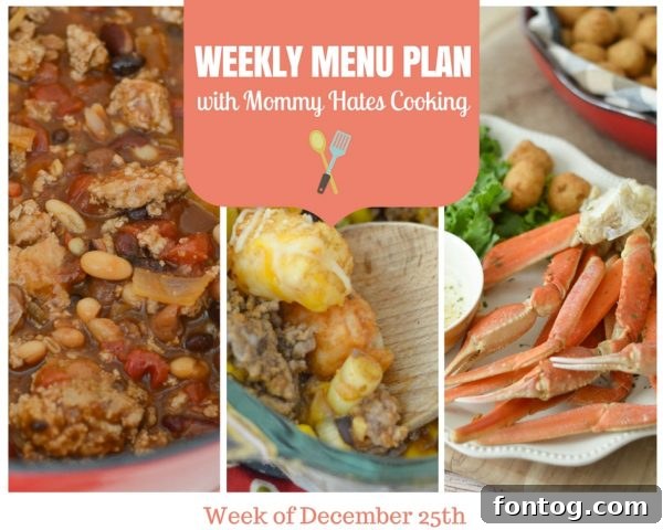 Christmas Week Menu Plan 2 Weekly Meal Plan for the Week of December 25th to New Year's Day, featuring various healthy and comforting dishes.