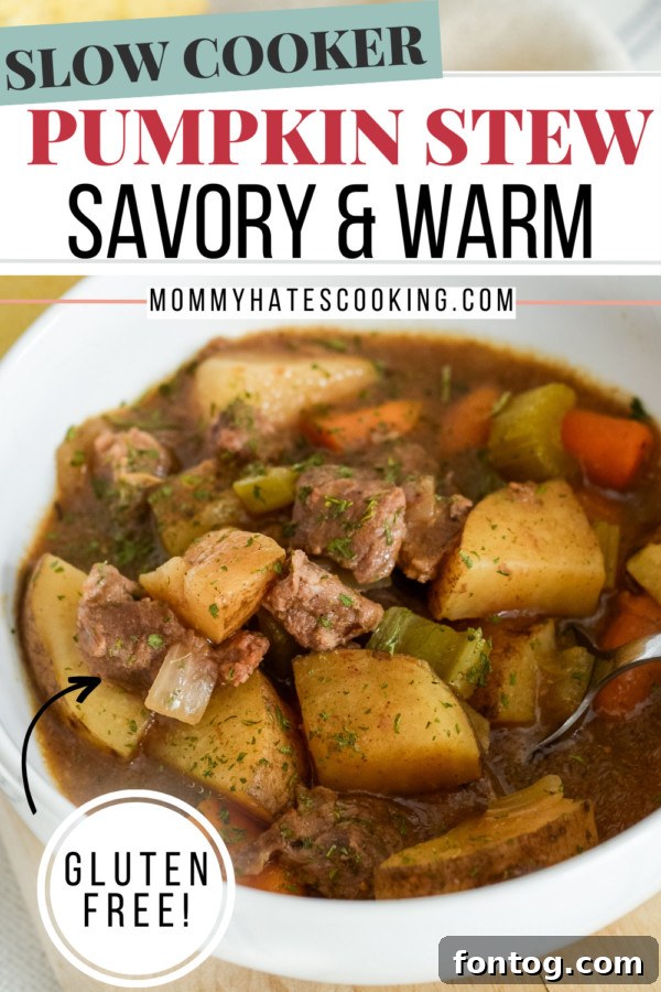 Comforting Gluten Free Slow Cooker Pumpkin Stew 9 Pinterest graphic for gluten-free slow cooker pumpkin stew