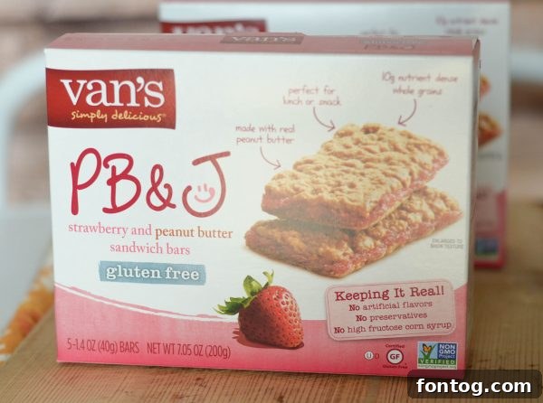 Van's Strawberry & Peanut Butter Gluten-Free Sandwich Bars, ready for a healthy meal