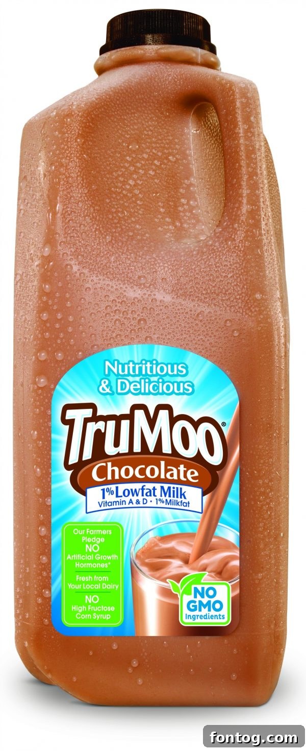 TruMoo Chocolate Milk packaging, highlighting 'No High Fructose Corn Syrup' and 'No GMOs'.