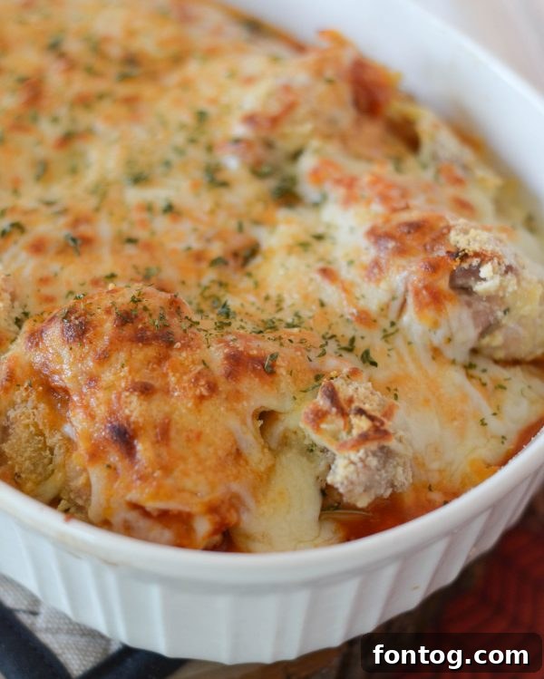 Wholesome Chicken Parmesan with Spaghetti Squash 2 Delicious baked Chicken Parmesan with Spaghetti Squash in a dish, ready to be served