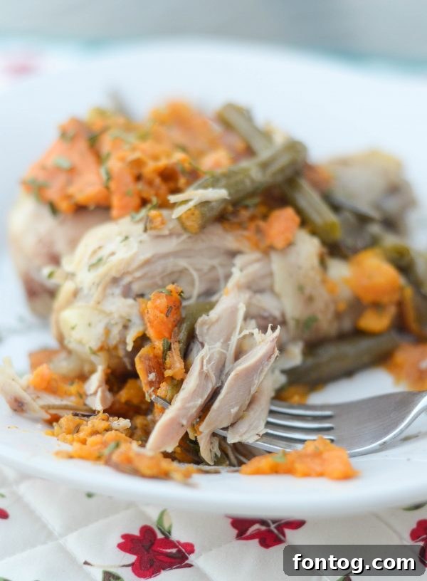 Maple Glazed Instant Pot Chicken and Sweet Potatoes 5 Plated Instant Pot Maple Chicken & Sweet Potatoes, garnished with fresh herbs.