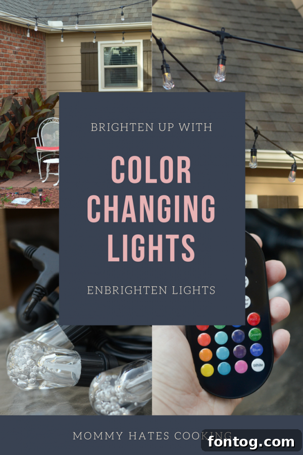 Enbrighten Seasons Color Changing Café Lights transforming a patio at dusk