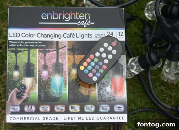 Front patio seating area with Enbrighten cafe lights strung overhead