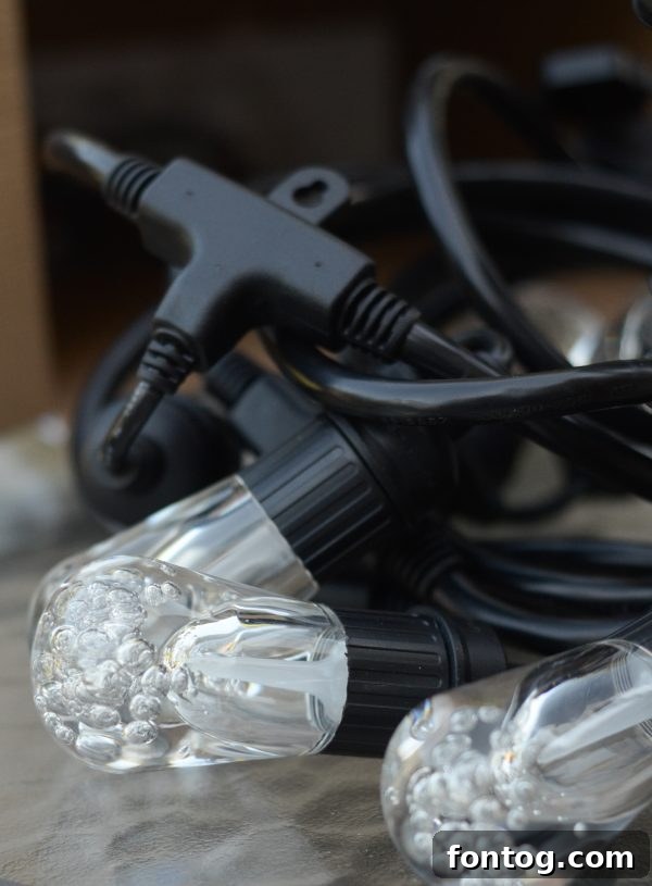 Close-up of string lights enhancing outdoor patio decor