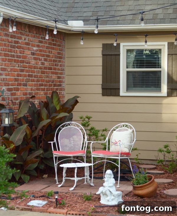 Enbrighten LED string lights illuminating a modern patio space