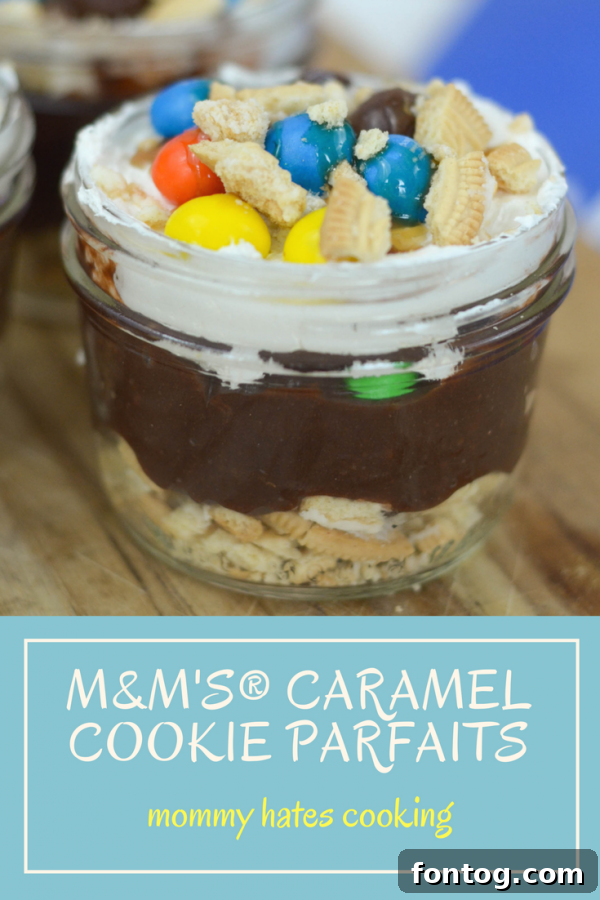 M&MS Caramel Cookie Parfaits: Indulge and Win 2 Irresistible M&M'S® Caramel Cookie Parfaits layered in elegant jars, ready to be enjoyed.