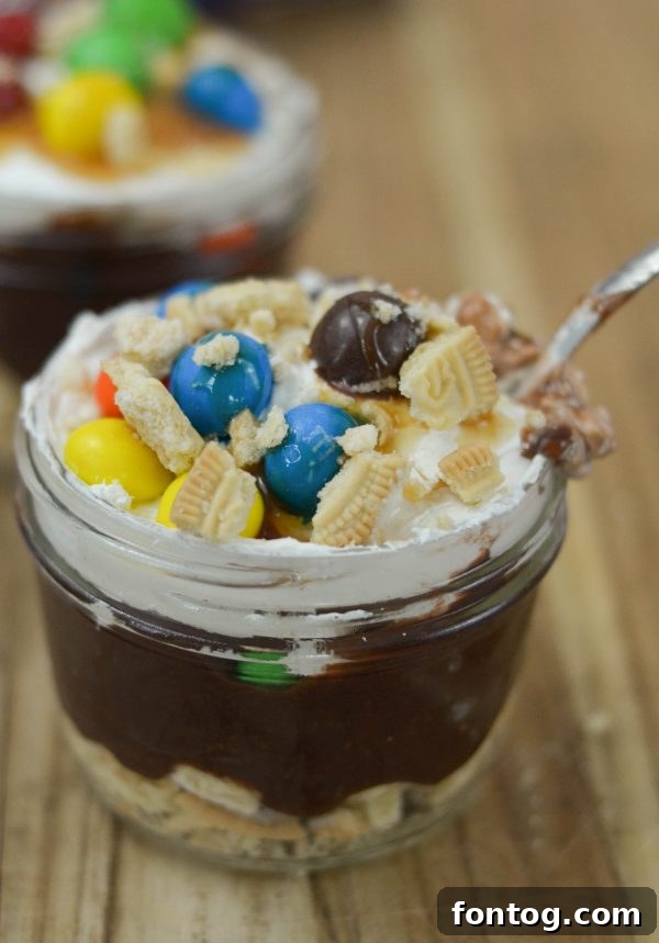 M&MS Caramel Cookie Parfaits: Indulge and Win 3 Close-up of M&M'S® Caramel Cookie Parfaits with a generous topping of M&M'S® Caramel candies.