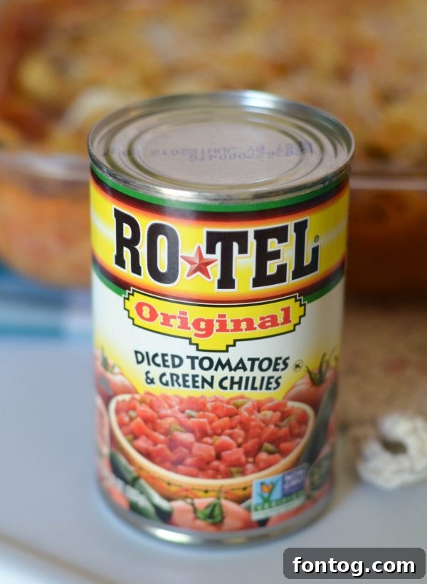 Close-up of Mexican Meatloaf Casserole with RO*TEL, showcasing its rich texture and topping.