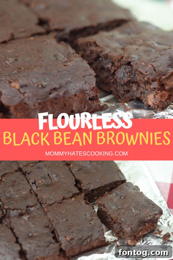 Black Bean Brownies - large square brownie with chocolate chips on a plate, text overlay 'BLACK BEAN BROWNIES'