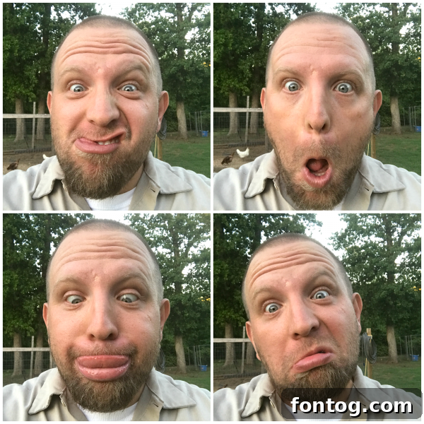 Humorous selfie of a man posing playfully in a garden